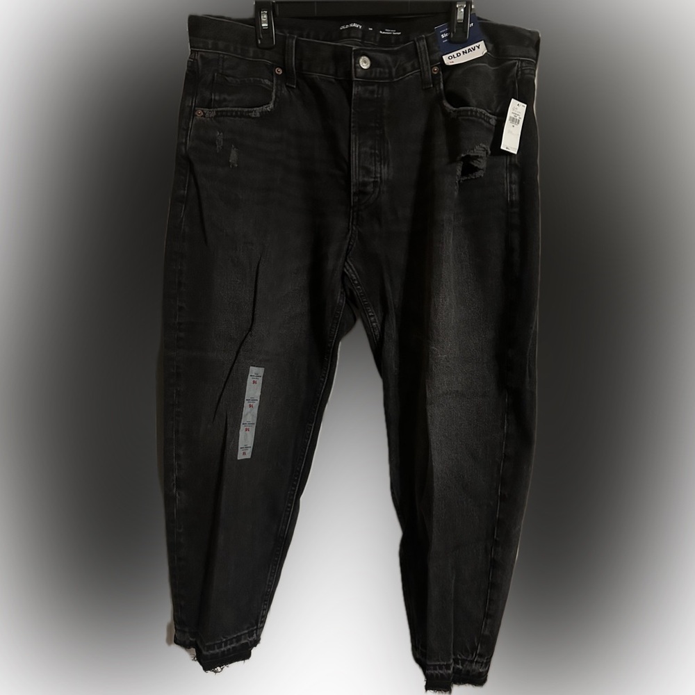 Black Distressed Old Navy High-Rise Slouchy Taper Ankle Jeans with Raw Hem - NWT